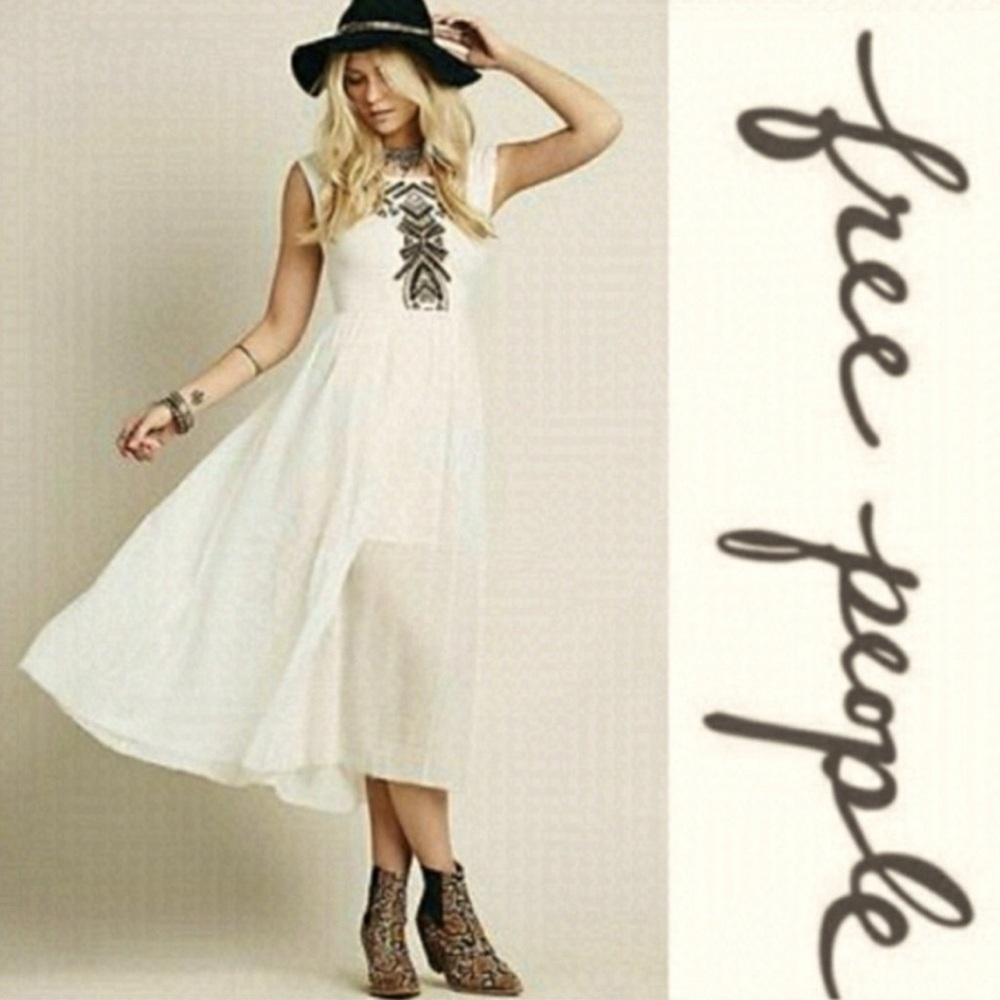 55 Free People Toosaloosa Slub Meadow Embroidered Boho Maxi Dress Size medium